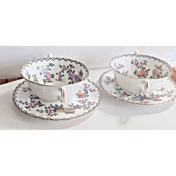 Aynsley England  Pagoda Pattern by John Aynsley Double HANDLE Soup Sets (2) - Picture 16 of 16
